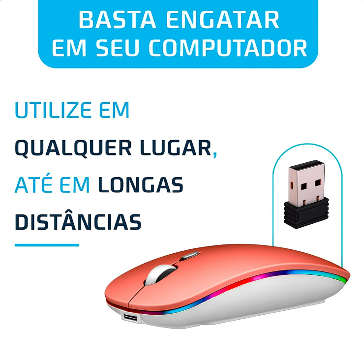 Mouse Sem Fio Recarregável Wireless Optico Led Rgb Ergonômico Sem Fio Para Pc Desktop Notebook Tablet Smartphone Homeroarte Rosa Gold